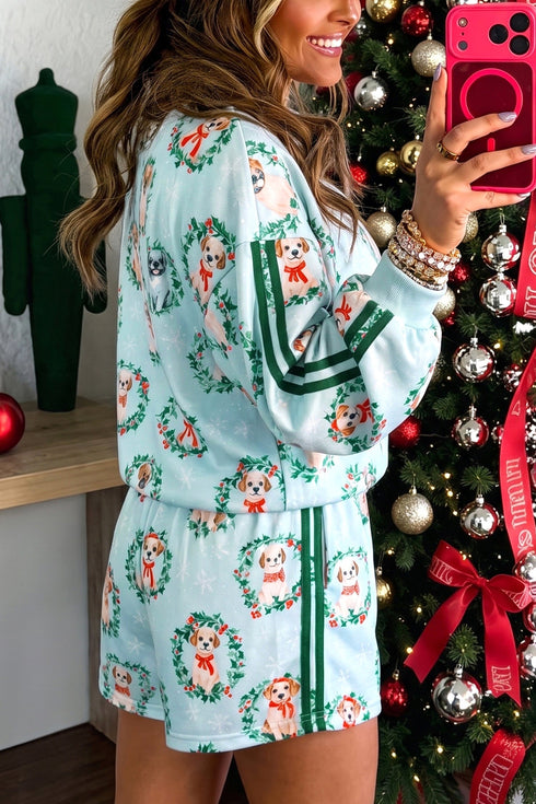 Puppies Wreath Print Pocket Sweatshirt And Short Lounge Set