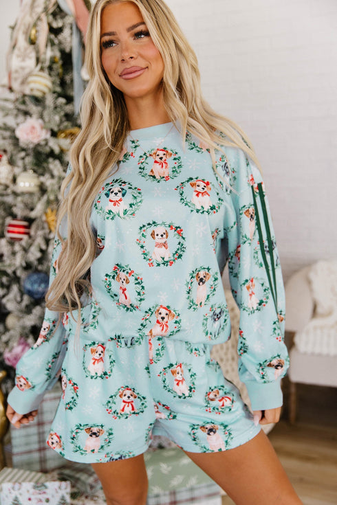 Puppies Wreath Print Pocket Sweatshirt And Short Lounge Set