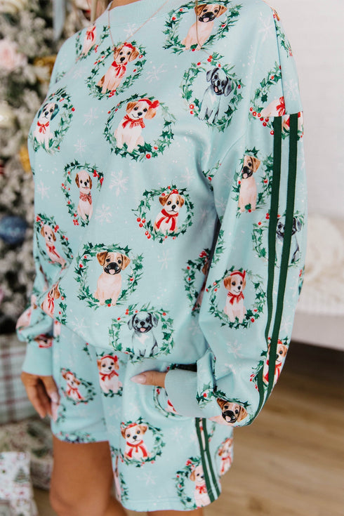 Puppies Wreath Print Pocket Sweatshirt And Short Lounge Set