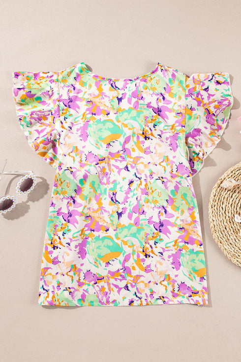 Purple Abstract Printed Ruffled Short Sleeve Notched Neck Blouse