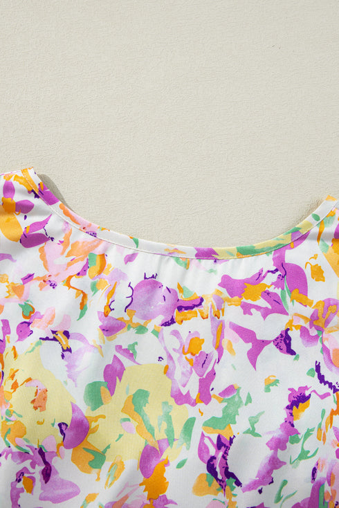 Purple Abstract Printed Ruffled Short Sleeve Notched Neck Blouse