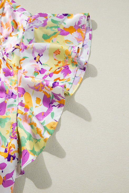 Purple Abstract Printed Ruffled Short Sleeve Notched Neck Blouse