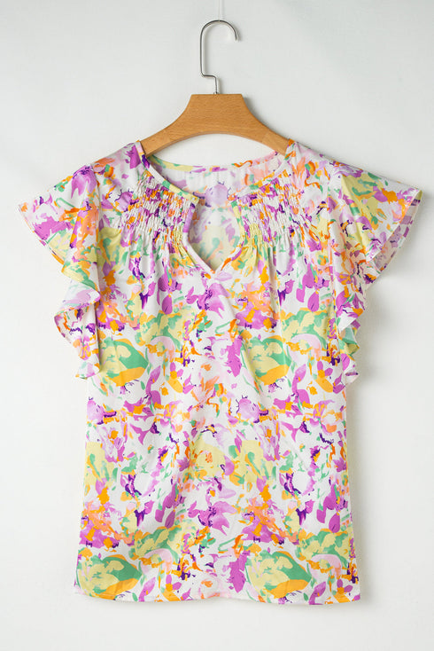 Purple Abstract Printed Ruffled Short Sleeve Notched Neck Blouse