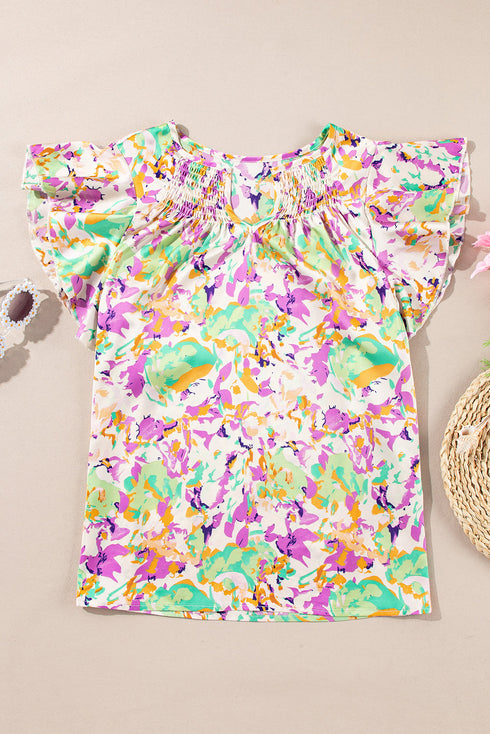 Purple Abstract Printed Ruffled Short Sleeve Notched Neck Blouse