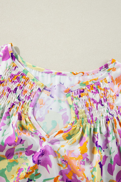 Purple Abstract Printed Ruffled Short Sleeve Notched Neck Blouse