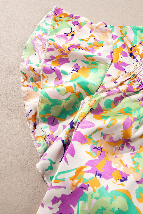 Purple Abstract Printed Ruffled Short Sleeve Notched Neck Blouse