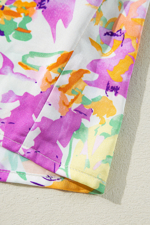 Purple Abstract Printed Ruffled Short Sleeve Notched Neck Blouse