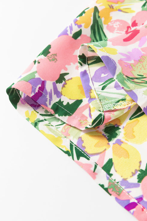 Purple Floral Print Puff Short Sleeve Crew Neck Blouse