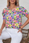Purple Floral Print Puff Short Sleeve Crew Neck Blouse