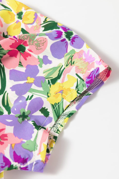 Purple Floral Print Puff Short Sleeve Crew Neck Blouse