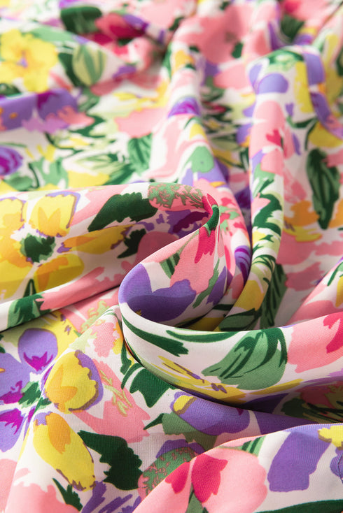 Purple Floral Print Puff Short Sleeve Crew Neck Blouse