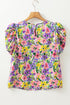 Purple Floral Print Puff Short Sleeve Crew Neck Blouse