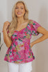 Purple Floral Print Sweetheart Neck Flutter Sleeve Blouse