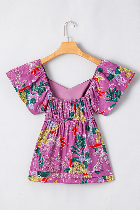 Purple Floral Print Sweetheart Neck Flutter Sleeve Blouse