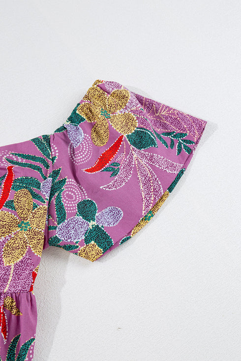 Purple Floral Print Sweetheart Neck Flutter Sleeve Blouse