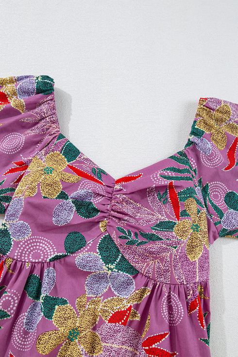 Purple Floral Print Sweetheart Neck Flutter Sleeve Blouse