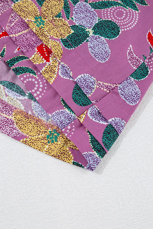 Purple Floral Print Sweetheart Neck Flutter Sleeve Blouse