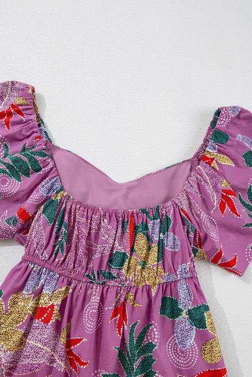 Purple Floral Print Sweetheart Neck Flutter Sleeve Blouse