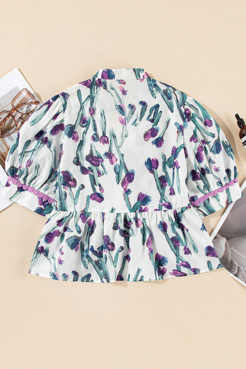 Purple Floral Ricrac Trim Half Sleeve Peplum Top