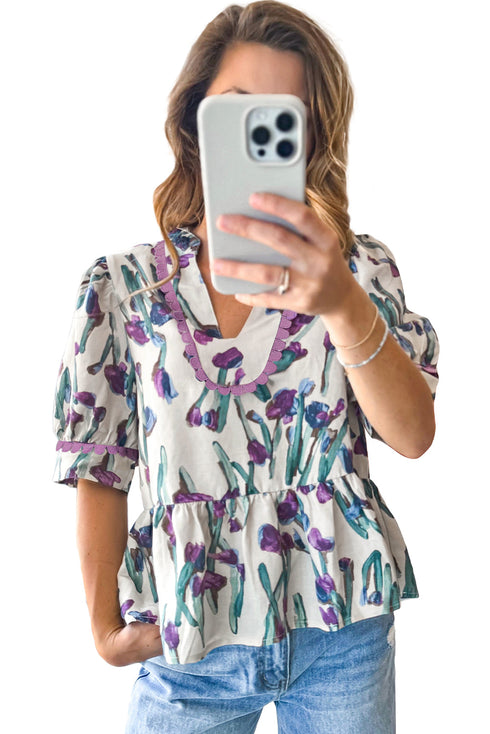 Purple Floral Ricrac Trim Half Sleeve Peplum Top