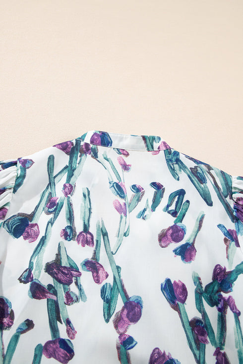 Purple Floral Ricrac Trim Half Sleeve Peplum Top