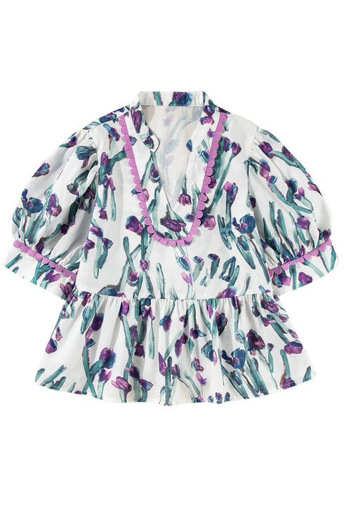 Purple Floral Ricrac Trim Half Sleeve Peplum Top