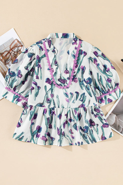 Purple Floral Ricrac Trim Half Sleeve Peplum Top