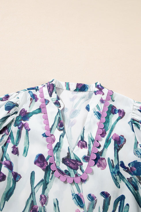 Purple Floral Ricrac Trim Half Sleeve Peplum Top