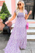 Purple Floral Short Bubble Sleeve Shirred High Waist Maxi Dress