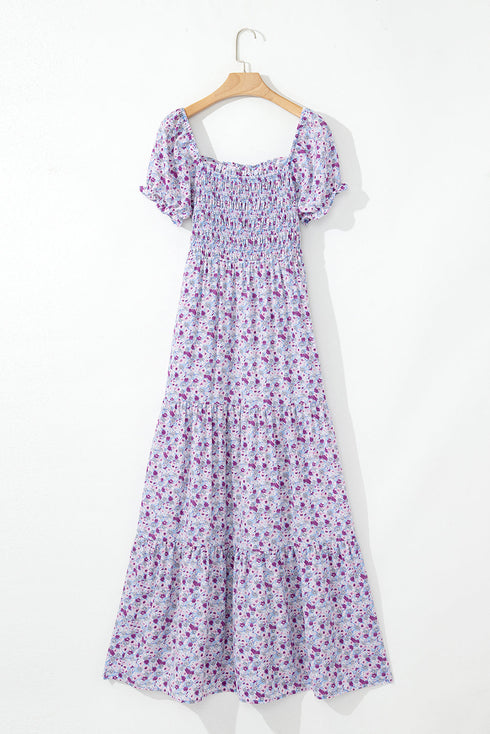 Purple Floral Short Bubble Sleeve Shirred High Waist Maxi Dress