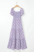 Purple Floral Short Bubble Sleeve Shirred High Waist Maxi Dress