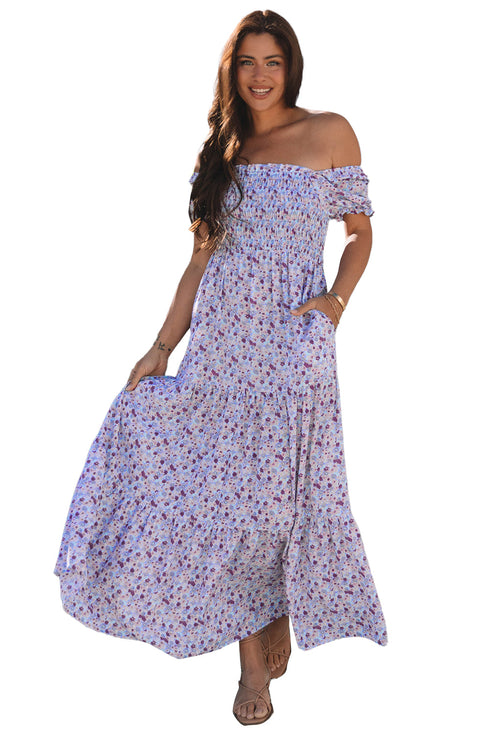 Purple Floral Short Bubble Sleeve Shirred High Waist Maxi Dress