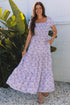Purple Floral Short Bubble Sleeve Shirred High Waist Maxi Dress