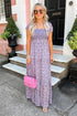 Purple Floral Short Bubble Sleeve Shirred High Waist Maxi Dress