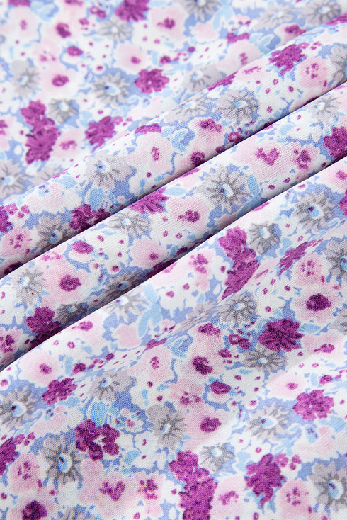 Purple Floral Short Bubble Sleeve Shirred High Waist Maxi Dress