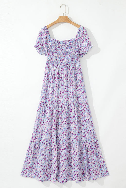 Purple Floral Short Bubble Sleeve Shirred High Waist Maxi Dress