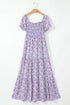 Purple Floral Short Bubble Sleeve Shirred High Waist Maxi Dress