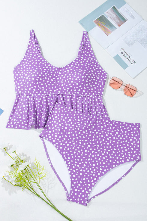Purple Plus Size Polka Dot Print Ruffled Knotted V Neck Tankini Set