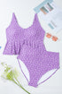 Purple Plus Size Polka Dot Print Ruffled Knotted V Neck Tankini Set