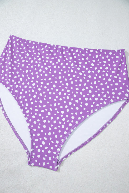 Purple Plus Size Polka Dot Print Ruffled Knotted V Neck Tankini Set