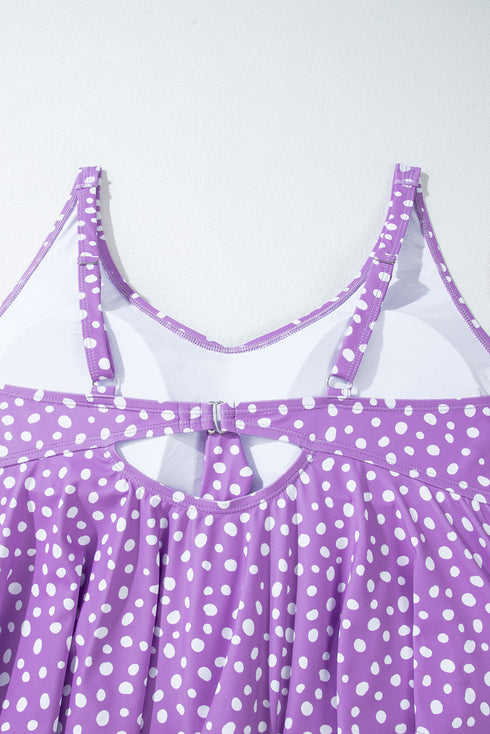 Purple Plus Size Polka Dot Print Ruffled Knotted V Neck Tankini Set