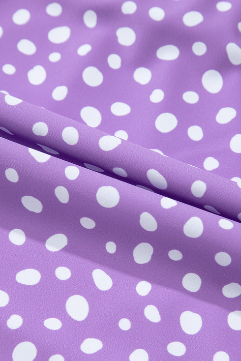 Purple Plus Size Polka Dot Print Ruffled Knotted V Neck Tankini Set