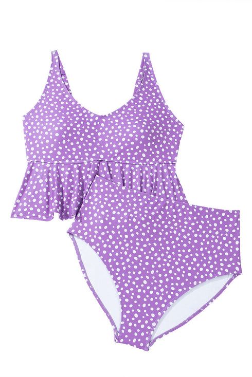 Purple Plus Size Polka Dot Print Ruffled Knotted V Neck Tankini Set