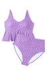 Purple Plus Size Polka Dot Print Ruffled Knotted V Neck Tankini Set