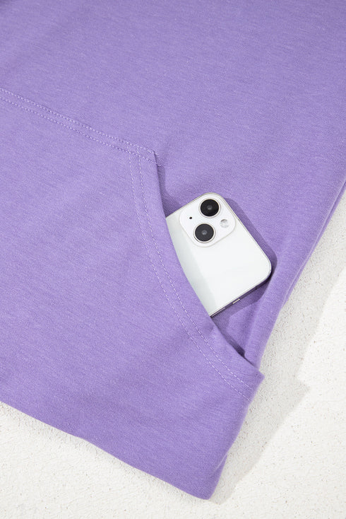 Purple Short Sleeve Buttoned Neck Kangaroo Pocket Hoodie