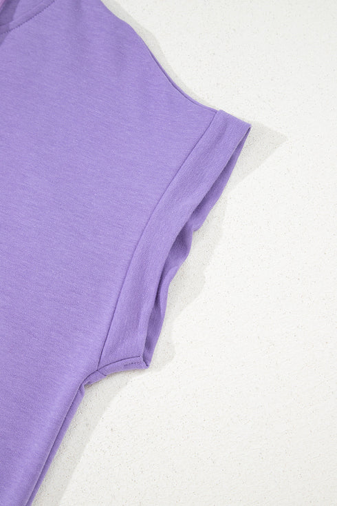 Purple Short Sleeve Buttoned Neck Kangaroo Pocket Hoodie