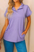 Purple Short Sleeve Buttoned Neck Kangaroo Pocket Hoodie