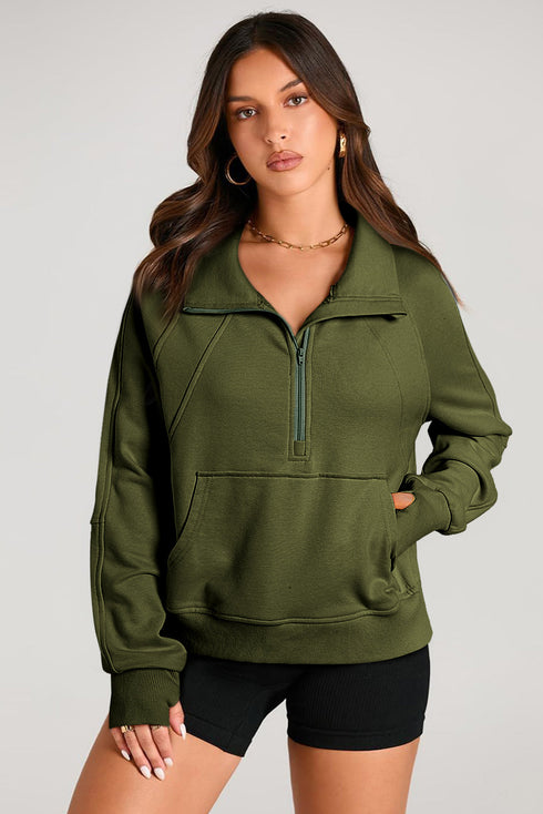 Quarter Zip Raglan Sleeve Kangaroo Pocket Sweatshirt