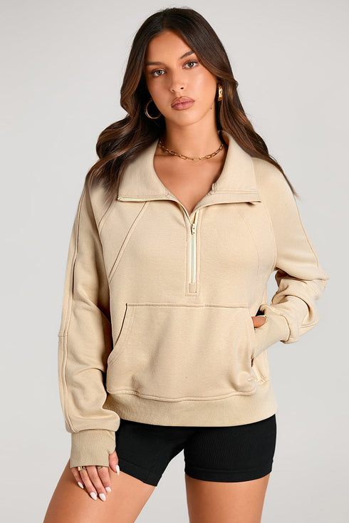 Quarter Zip Raglan Sleeve Kangaroo Pocket Sweatshirt