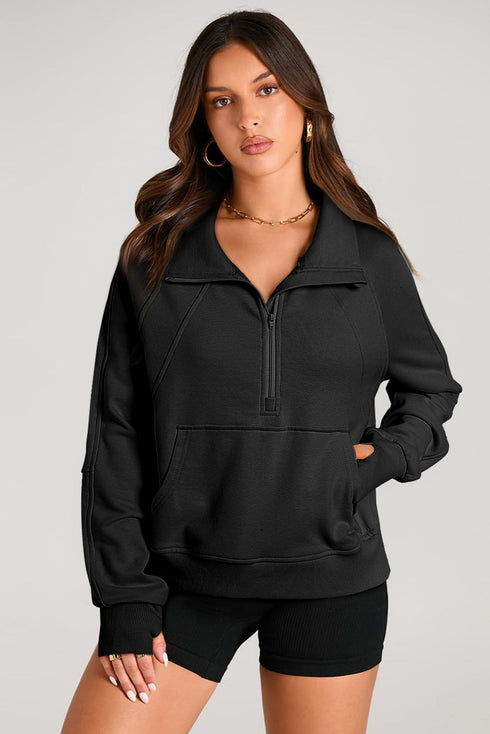 Quarter Zip Raglan Sleeve Kangaroo Pocket Sweatshirt